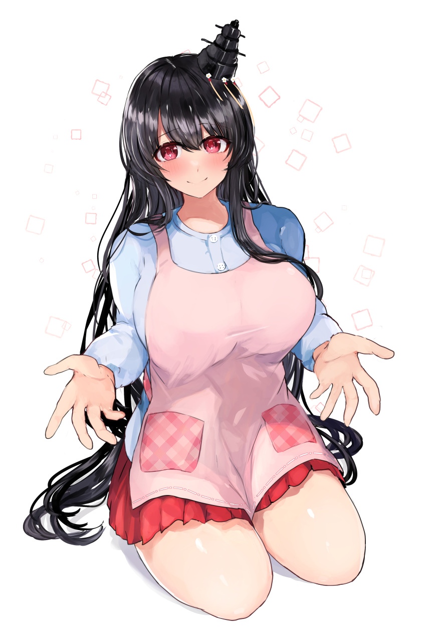 1girl absurdres alternate_costume apron black_hair blue_shirt breasts fusou_(kantai_collection) headgear highres kantai_collection large_breasts long_hair long_sleeves looking_at_viewer miniskirt miyako_(00727aomiyako) pink_apron pleated_skirt red_eyes red_skirt seiza shirt sitting skirt smile solo