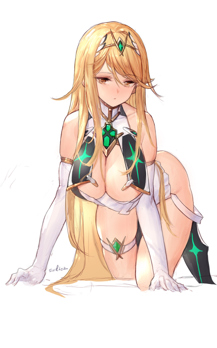 1girl all_fours artist_name bangs blonde_hair blush breasts chest_jewel cleavage elbow_gloves gloves hanging_breasts highres large_breasts leaning_forward long_hair looking_at_viewer mythra_(xenoblade) nose_blush sidelocks solo swd3e2 thigh_strap thighs tiara white_background white_gloves xenoblade_chronicles_(series) xenoblade_chronicles_2 yellow_eyes