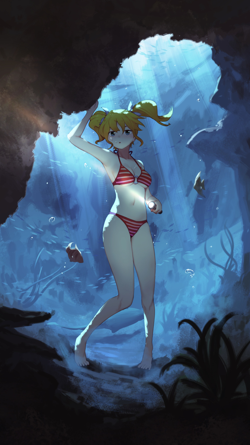 1girl absurdres air_bubble barefoot bikini blonde_hair blue_eyes blush breasts bubble cave coral fish flashlight freediving highres holding_breath holding_flashlight light_rays ocean ocean_bottom original rock rou_(rou22) seaweed small_breasts striped striped_bikini sunlight swimming swimsuit twintails underwater