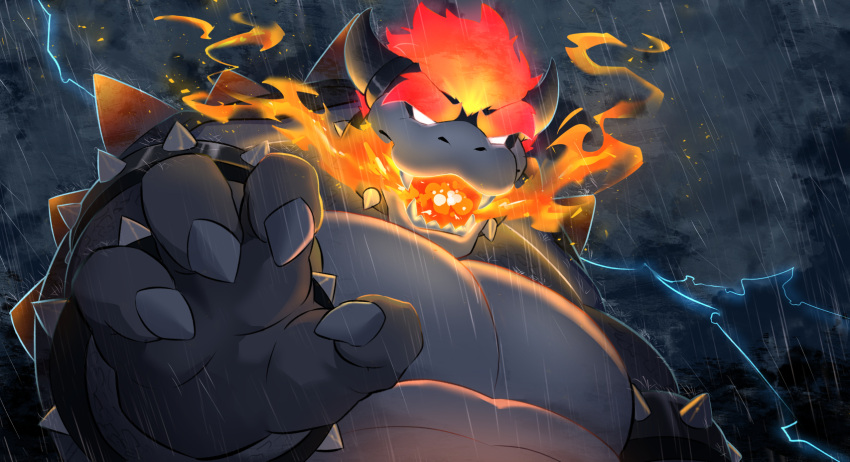 bowser bracelet breathing_fire cloud cloudy_sky fangs fire fury_bowser glowing glowing_eyes highres horns jewelry kou_(ixkouu) lightning looking_at_viewer male_focus mario_(series) night pectorals rain red_hair sky solo spiked_armlet spiked_bracelet spiked_shell spikes storm super_mario_3d_world