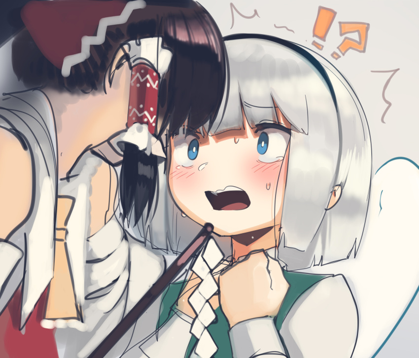 !? 2girls ^^^ black_hair blue_eyes blush boa_(brianoa) bright_pupils commentary d: english_commentary gohei green_vest hair_tubes hairband hakurei_reimu hand_up highres holding konpaku_youmu long_sleeves medium_hair multiple_girls open_mouth touhou vest white_hair white_pupils wide_sleeves