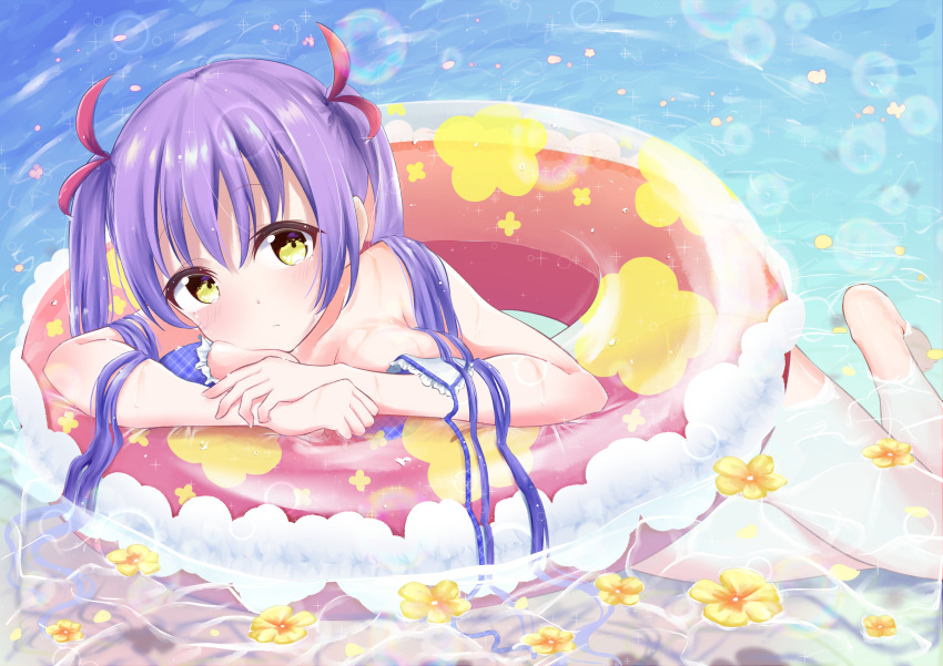 1girl absurdres bangs bikini blush breasts cleavage closed_mouth day eyebrows_visible_through_hair flower hair_ornament hand_on_hand harukasu_(mememememo) highres in_water innertube large_breasts lens_flare long_hair looking_at_viewer original purple_hair sidelocks solo swimsuit swimwear twintails water yellow_eyes