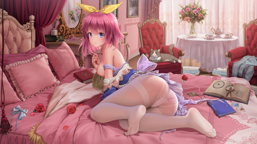 animal ass bed book breasts cat dress flowers haneru headband mirror nipples open_shirt original panties pantyhose purple_eyes reflection rose underwear waifu2x