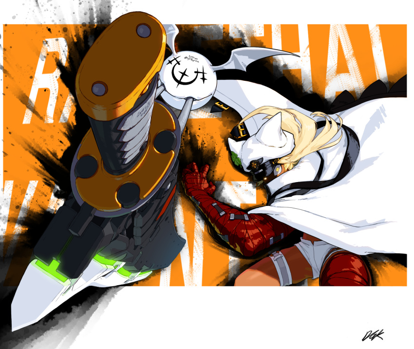 1girl bandaged_arm bandaged_hand bandaged_leg bandages blonde_hair character_name clover creature dark_skin dark_skinned_female dgk english_text flying four-leaf_clover glowing glowing_eyes guilty_gear hat highres huge_weapon katana long_hair ramlethal_valentine scabbard sheath sheathed sword thigh_strap weapon white_headwear wide-eyed wings yellow_eyes