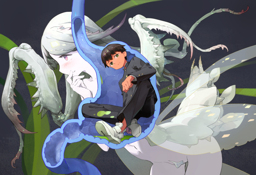 1boy 1girl black_hair blush closed closed_mouth collarbone cross-section grass green_eyes green_hair highres insect_girl light_green_hair long_hair lvhang1023 navel organs original purple_eyes school_uniform sitting stomach stomach_(organ) transparent uniform vore white_footwear wings