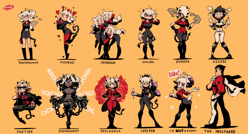 1boy 6+girls :d absurdres ahoge alcohol angel angry animal_ears arm_hair armband ass azazel_(helltaker) bangs beelzebub_(helltaker) belt belt_buckle bikini black_belt black_footwear black_gloves black_hair black_horns black_jacket black_nails black_neckwear black_pants black_skirt black_suit black_tail black_vest blue_background blue_eyes blunt_bangs blush blush_stickers boots bow bowtie bracelet breasts buckle bug business_suit cerberus_(helltaker) chain character_name cigarette claws cleavage clenched_teeth closed_mouth collarbone collared_shirt colored_skin contrapposto cross crown cup curly_hair damaged dark_skin demon demon_girl demon_horns demon_tail detached_ahoge dog_ears dog_girl dot_nose drinking_glass earrings english_text evil_smile fangs finger_to_mouth fingerless_gloves fingernails formal from_side full_body gloves goat_ears goat_girl goat_tail grey_eyes grey_hair grey_skin grin hair_ornament hair_over_one_eye hair_ribbon halftone halo hand_on_belt hand_to_head hand_up headache heart heart-shaped_pupils heart_tail helltaker helltaker_(character) high_heel_boots high_heels highres holding holding_clothes holding_cup holding_jacket holding_pen horns hug index_finger_raised insect jacket jacket_on_shoulders jacket_removed jewelry jitome judgement_(helltaker) justice_(helltaker) knee_boots large_breasts leather_bikini leg_belt long_hair long_sleeves looking_at_viewer looking_to_the_side low-tied_long_hair lucifer_(helltaker) malina_(helltaker) medium_hair modeus_(helltaker) multiple_girls nail_polish navel necklace necktie nose_blush notepad open_mouth orange_background pandemonica_(helltaker) pants pantyhose parted_lips pen pencil_skirt piercing ponytail rariatto_(ganguri) red_eyes red_gloves red_legwear red_shirt red_sweater revealing_clothes ribbed_sweater ribbon ringed_eyes shading sharp_teeth shirt short_hair short_sleeves sidelocks simple_background skirt slit_pupils smile smoke smoking solo sparkle standing standing_on_one_leg suit sunglasses sweater swimsuit symbol-shaped_pupils symbol_commentary tail teeth thighhighs tiptoes torn_clothes triplets upper_teeth vest walking white_eyes white_fur white_gloves white_hair white_horns white_jacket white_pants white_ribbon white_shirt wine wine_glass wing_collar yellow_background zdrada_(helltaker)