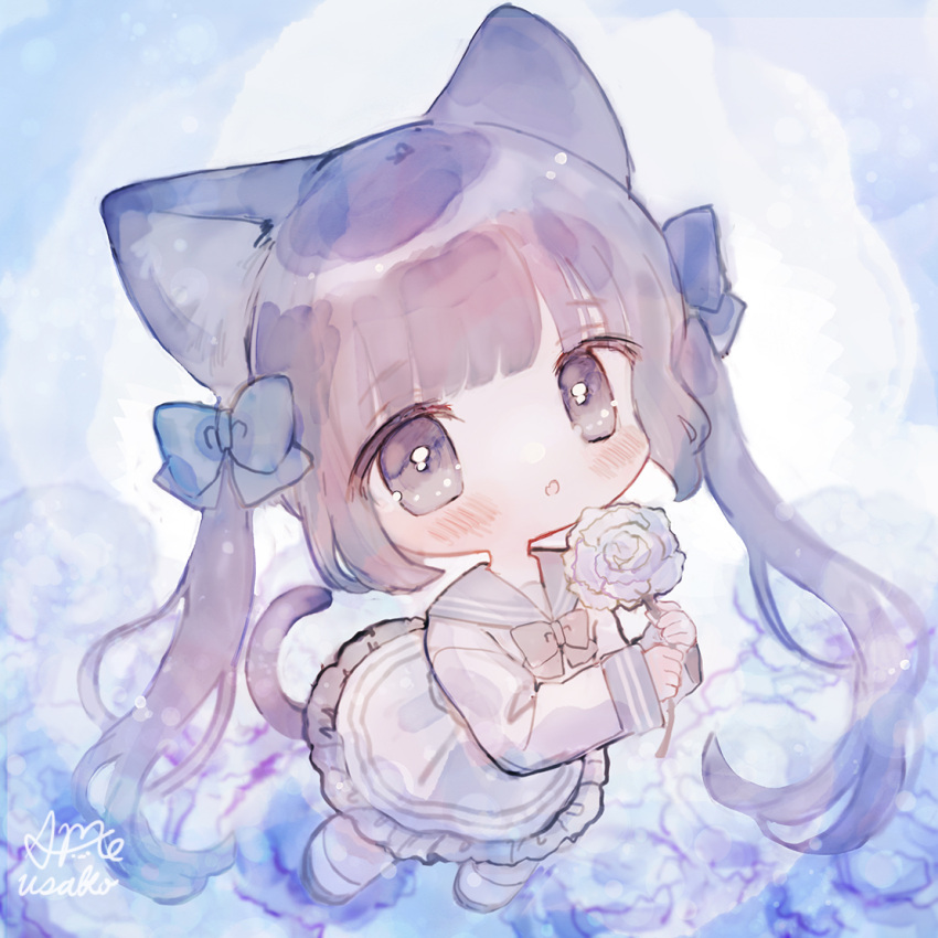 1girl :o ame_usako animal_ears bangs banned_artist blue_bow blue_sailor_collar blush bow brown_bow brown_eyes brown_hair cat_ears cat_girl cat_tail chibi commentary_request dress eyebrows_visible_through_hair fang flower frilled_dress frills full_body hair_bow holding holding_flower long_hair long_sleeves looking_at_viewer original parted_lips rose sailor_collar sailor_dress signature sleeves_past_wrists socks solo tail twintails very_long_hair white_dress white_flower white_legwear white_rose