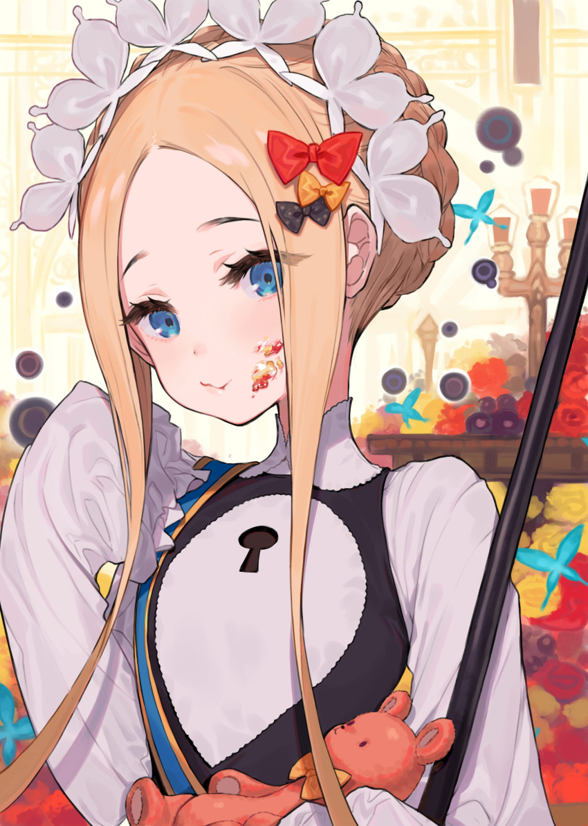 1girl abigail_williams_(fate/grand_order) absurdres bangs black_bow blonde_hair blue_butterfly blue_eyes blush bow braid breasts bug butterfly closed_mouth dress eating fate/grand_order fate_(series) food food_on_face forehead french_braid hair_bow heroic_spirit_festival_outfit highres holding holding_stuffed_toy insect keyhole long_hair long_sleeves looking_at_viewer maid_headdress mop multiple_hair_bows orange_bow parted_bangs polka_dot polka_dot_bow sash sleeves_past_fingers sleeves_past_wrists small_breasts solo stuffed_animal stuffed_toy teddy_bear white_dress yellow_bow yuu_(higashi_no_penguin)