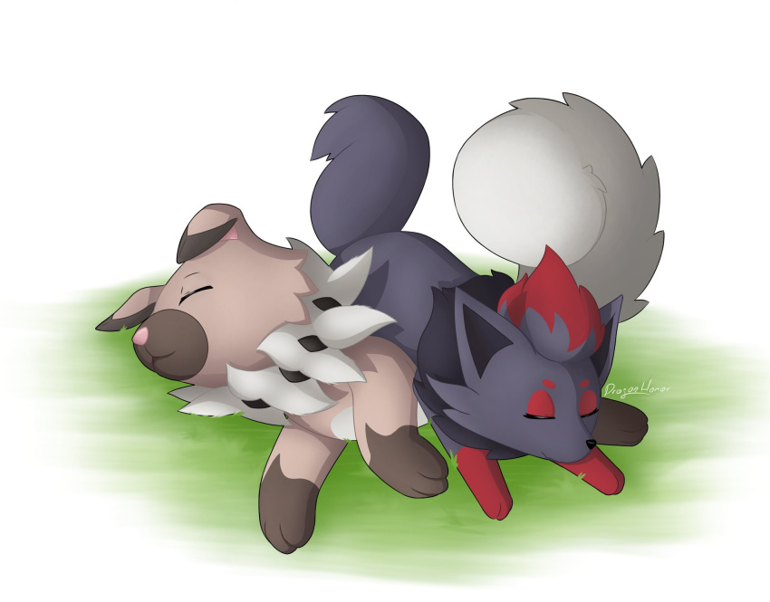 ambiguous_gender brown_body brown_fur canid canine dragonhonor_(artist) duo eyes_closed feral fur gloves_(marking) grass grey_body grey_fur hi_res lying_on_another mammal markings nintendo plant pok&eacute;mon pok&eacute;mon_(species) quadruped red_body red_fur rockruff shaded signature simple_background sleeping video_games white_background zorua