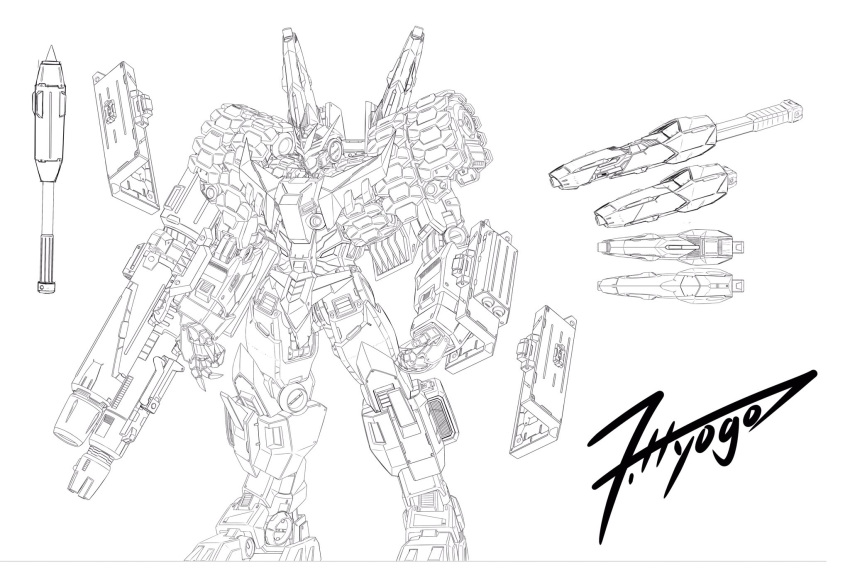 arm_cannon character_sheet clenched_hand concept_art decepticon english_commentary flame_toys greyscale highres hyogo_funabashi looking_down mecha monochrome no_humans official_art open_hand second-party_source signature solo_focus standing tarn transformers v-fin weapon