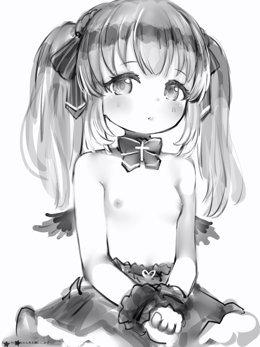 1girl blush bow bowtie breasts copyright_request cowboy_shot greyscale hair_ribbon highres long_hair looking_at_viewer mini_wings monochrome nanashi_(nlo) nipples own_hands_together parted_lips ribbon simple_background skirt small_breasts solo topless twintails white_background wristband