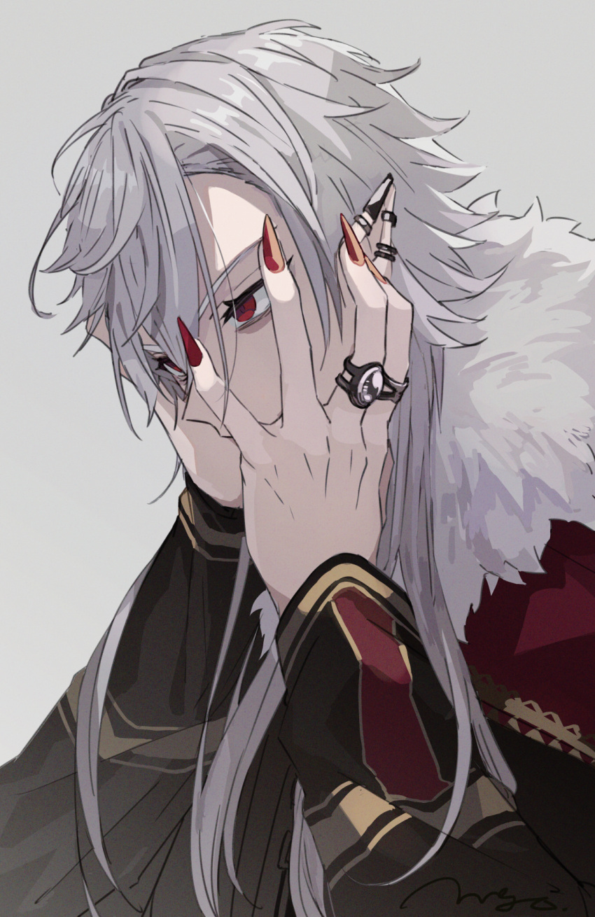 1boy earrings fingernails fur_trim grey_background grey_hair hands_on_own_face highres jewelry kuzuha_(nijisanji) long_fingernails long_hair male_focus mogayama nijisanji pointy_ears red_eyes red_nails ring sharp_fingernails simple_background solo upper_body vampire virtual_youtuber