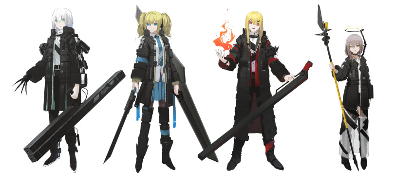 4000xl_linear_accellerator_gun 4girls absurdres asteroid_ill belt black_coat black_legwear black_pants blonde_hair blue_eyes boots bracelet brown_hair choker claws cloud coat cornea_(asteroid_ill) dual_wielding expressionless fire flame full_body green_eyes hair_ornament hair_ribbon hairclip hairpin high_collar highres holding holding_spear holding_sword holding_weapon huge_weapon iris_(asteroid_ill) iz_(asteroid_ill) jacket jewelry long_hair long_sleeves looking_at_viewer mechanical_arm mechanical_halo multiple_girls necktie neon_trim number numbered open_clothes open_coat open_hand open_mouth original pants polearm red_eyes ribbon sclera_(asteroid_ill) see-through serious shirt simple_background skirt smile spear standing straight_hair sword thigh_boots thighhighs twintails weapon white_background white_hair white_shirt wide_sleeves wire yellow_eyes zipper