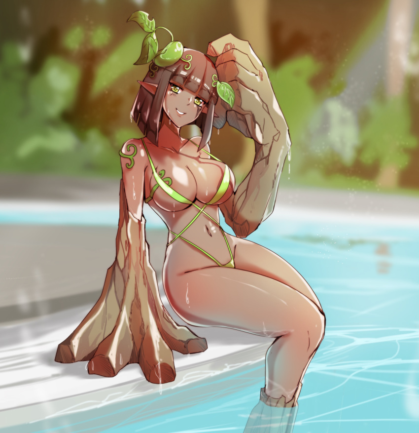 1girl bob_cut breasts cleavage commission dark_skin dark_skinned_female english_commentary eyebrows_visible_through_hair facial_mark gnome_(monster_girl_encyclopedia) green_eyes green_swimsuit highres kodx4 large_breasts leaf leaf_on_head legs_together looking_at_viewer making-of_available medium_hair monster_girl monster_girl_encyclopedia navel oversized_forearms oversized_limbs plant pointy_ears revealing_clothes slingshot_swimsuit smile soaking_feet solo spaghetti_strap strap_gap swimsuit textless thighs vines wet wet_hair