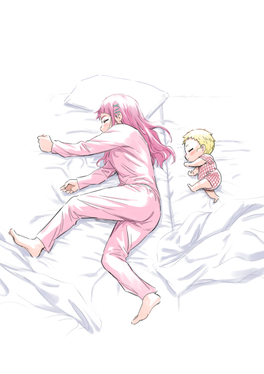 2girls baby bangs bed_sheet blonde_hair blunt_bangs blush closed_eyes from_side hair_ornament highres hug-tan_(precure) hugtto!_precure itou_shin'ichi long_hair lying mother_and_daughter multiple_girls nono_hana older on_bed on_side pajamas partially_colored pillow pink_hair pink_pajamas precure short_hair sketch spoilers x_hair_ornament