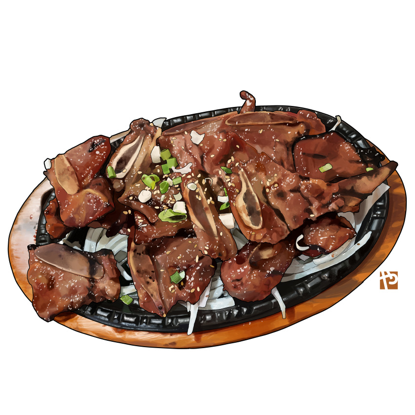 absurdres beef boned_meat food food_focus garnish highres hotplate kalbi_(food) meat no_humans onion original plate sesame_seeds simple_background spring_onion still_life studiolg vegetable white_background