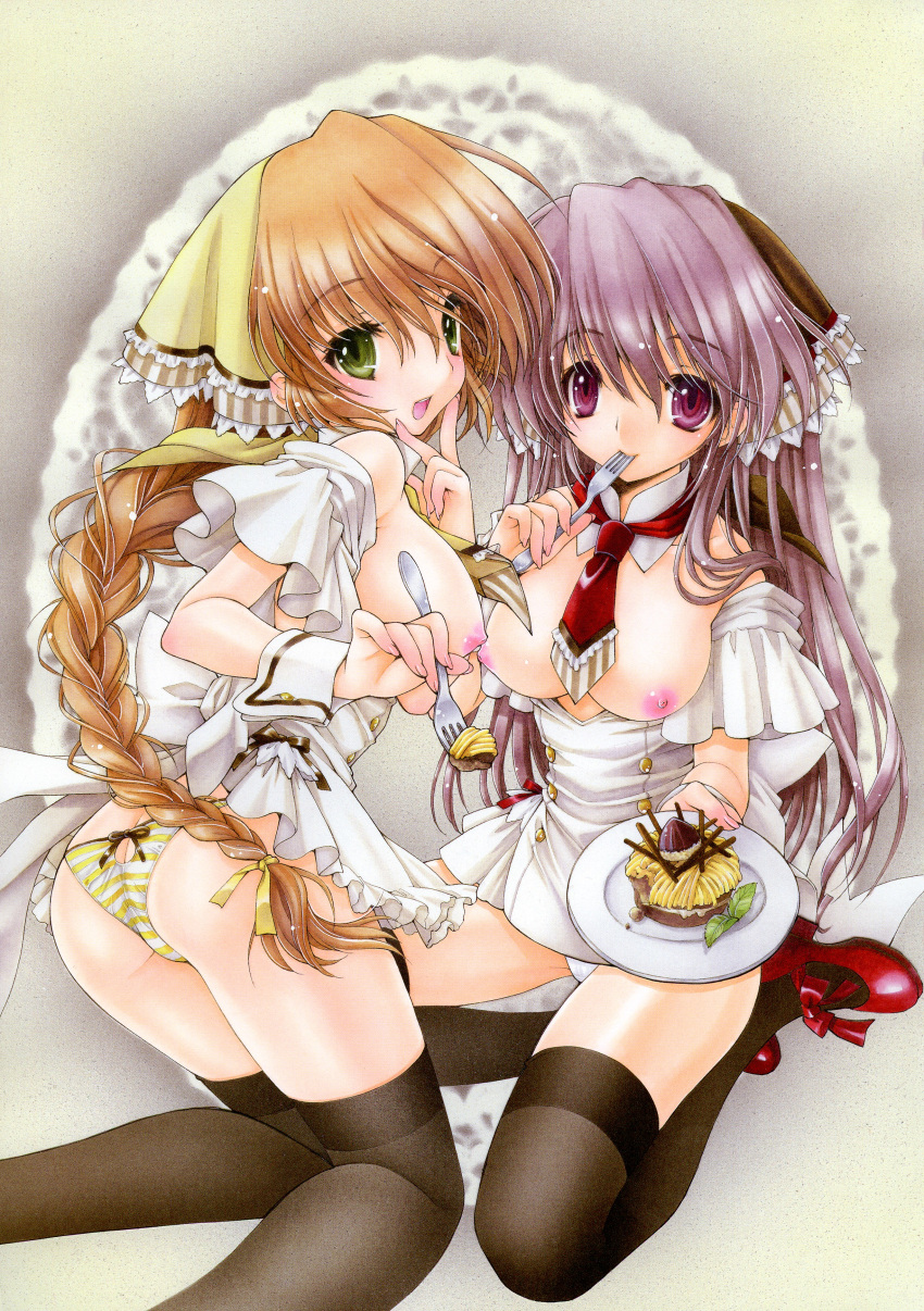 2girls absurdres ass bangs black_legwear breasts brown_hair butt_crack detached_collar eating eyebrows_visible_through_hair food fork highres holding holding_fork holding_plate long_hair looking_at_viewer mary_janes medium_breasts multiple_girls nipples open_mouth original panties pink_hair plate ramiya_ryou red_footwear scan shoes smile striped striped_panties thighhighs underwear utensil_in_mouth white_panties