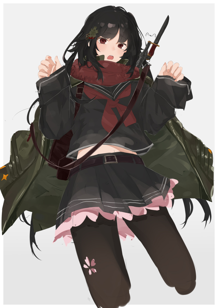 1girl bangs bayonet black_hair black_legwear black_sailor_collar black_serafuku black_shirt black_skirt cherry_blossom_print coat eyebrows_visible_through_hair floral_print girls_frontline green_coat grey_background gun hair_ornament highres long_hair long_sleeves looking_at_viewer navel neckerchief open_mouth pantyhose pleated_skirt red_eyes red_neckwear red_scarf sailor_collar scarf school_uniform serafuku shirt signature simple_background skirt solo submachine_gun sutekina_awa type_100 type_100_(girls_frontline) weapon