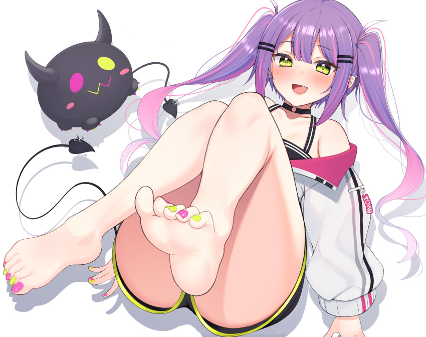 1girl :d absurdres bangs bare_legs barefoot bibi_(tokoyami_towa) black_shorts blush commentary_request demon_tail ear_piercing earrings eyebrows_visible_through_hair fang feet full_body green_eyes green_nails hair_ornament hairclip highres hololive jacket jewelry long_hair long_sleeves looking_at_viewer lying multicolored_hair multicolored_nails nail_polish off_shoulder on_back open_mouth piercing pink_hair purple_hair purple_nails short_shorts shorts simple_background smile soles solo suzutarou_gunsou tail tail_ornament tail_piercing toenail_polish toenails toes tokoyami_towa twintails two-tone_hair virtual_youtuber white_background white_jacket