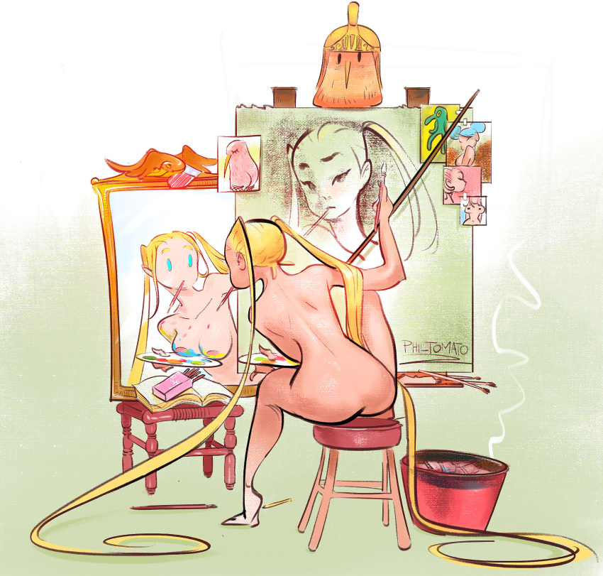 1girl absurdly_long_hair absurdres aqua_eyes blonde_hair book completely_nude fine_art_parody from_behind highres holding holding_paintbrush knee_up long_hair looking_at_viewer mirror no_nose nude open_book original paintbrush painting palette parody philip_bawasanta pot signature smoke solo stool triple_self-portrait_(norman_rockwell) twintails very_long_hair