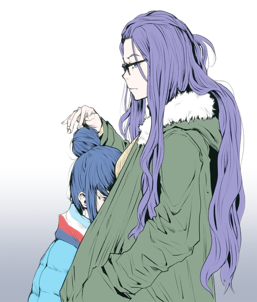 2girls bangs_pinned_back blue_eyes blue_hair coat commentary glasses gradient gradient_background hair_bun hand_in_pocket highres kagamihara_sakura long_hair multiple_girls petting purple_eyes purple_hair shima_rin simple_background tamaoki_benkyou winter_clothes yurucamp