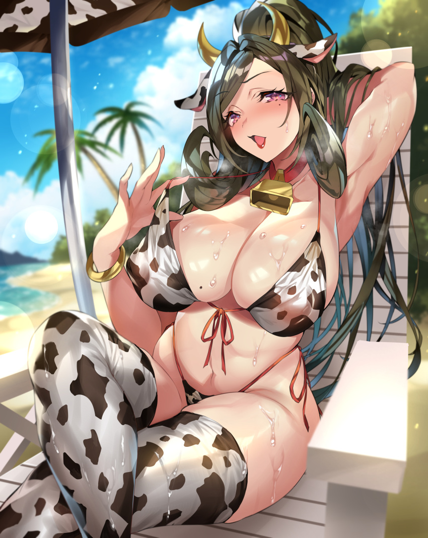 1girl absurdres animal_ears animal_print armpits bangs beach beach_chair beach_umbrella bell bell_collar bikini blue_sky blurry blurry_background bow bowtie bracelet breasts brown_hair cloud cloudy_sky collar commentary_request cow_ears cow_horns day eyebrows_visible_through_hair fake_animal_ears gan_(shanimuni) hair_ornament highleg highleg_bikini highres horns jewelry large_breasts lips long_hair looking_at_viewer mole mole_on_breast mole_under_eye navel open_mouth original outdoors palm_leaf palm_tree ponytail pulled_by_self purple_eyes shadow shiny shiny_hair shiny_skin sitting sky solo stomach sweat sweatdrop swimsuit thighhighs thighs tied_hair tree umbrella water