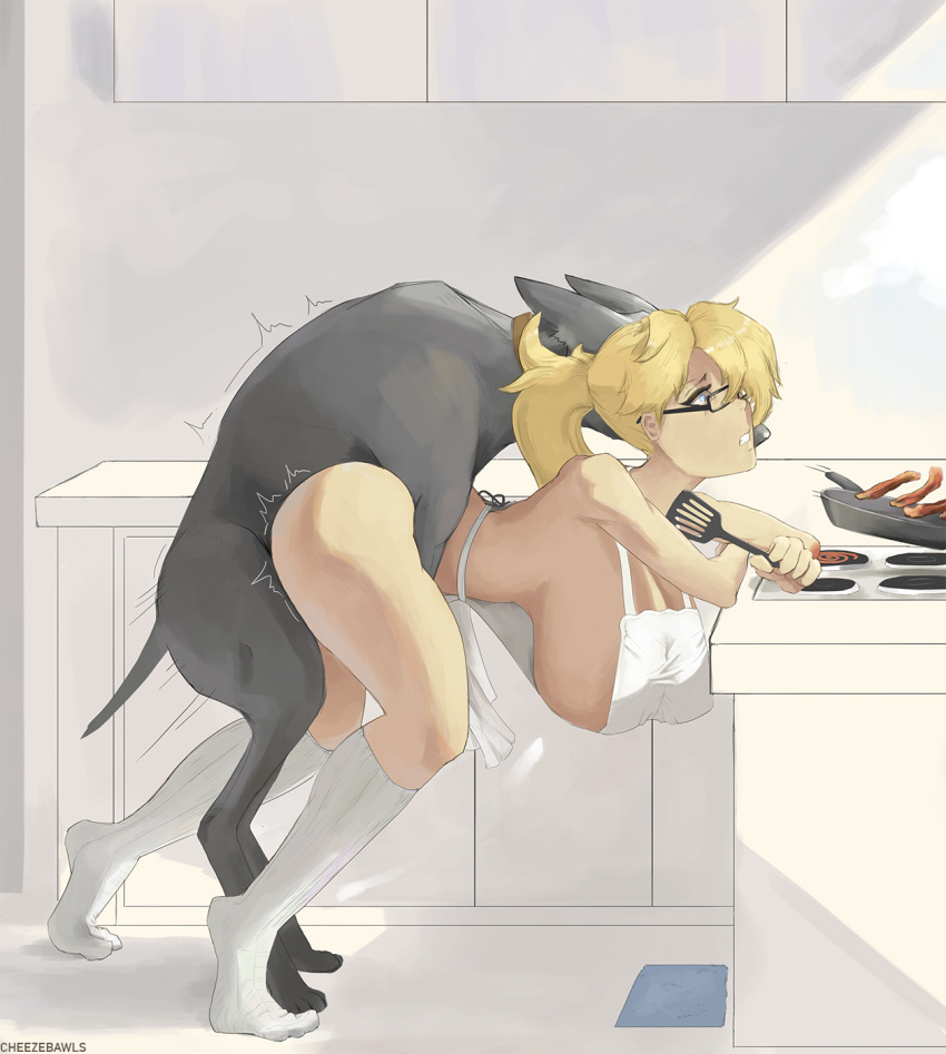 apron bacon bent_over bestiality big_breasts blizzard_entertainment blonde_hair blue_eyes breasts canid canine canis cheezebawls clothing dobermann domestic_dog duo eyewear female female_on_feral female_penetrated feral feral_penetrating feral_penetrating_human food footwear from_behind_position glasses hair hi_res human human_focus human_on_feral human_penetrated interspecies knee_highs knee_socks legwear male male/female male_on_human male_penetrating male_penetrating_female mammal meat mercy_(overwatch) mounting not_furry_focus overwatch penetration pinscher sex socks video_games