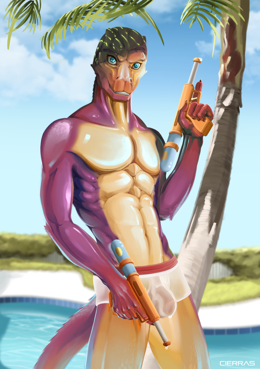 anthro bulge bush_viper cierras clothing hi_res male old_world_viper plant purple_body purple_skin reptile scalie snake solo standing swimming_pool swimwear tree underwear viper water_gun wet wet_clothing wet_underwear