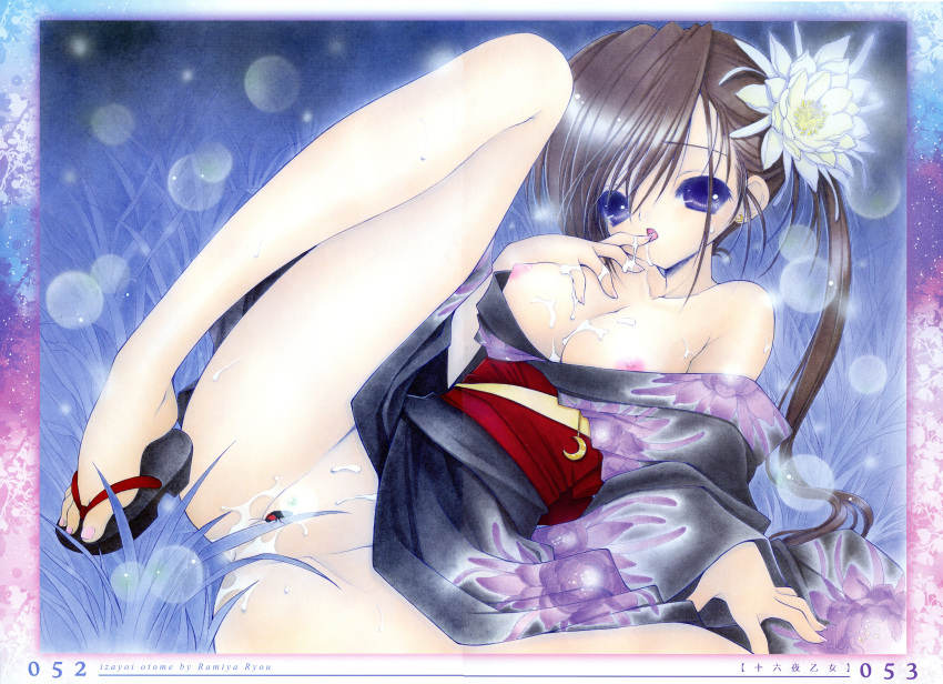 1girl absurdres artist_name bangs blue_eyes border breasts brown_hair bug clothes_lift crease cum cum_in_pussy cum_on_body cum_on_breasts finger_licking flower grass hair_flower hair_ornament highres insect japanese_clothes kimono kimono_lift licking long_hair medium_breasts naked_kimono nipples no_panties off_shoulder open_mouth page_number pink_nails plantar_flexion pussy_juice ramiya_ryou sandals scan solo toenails