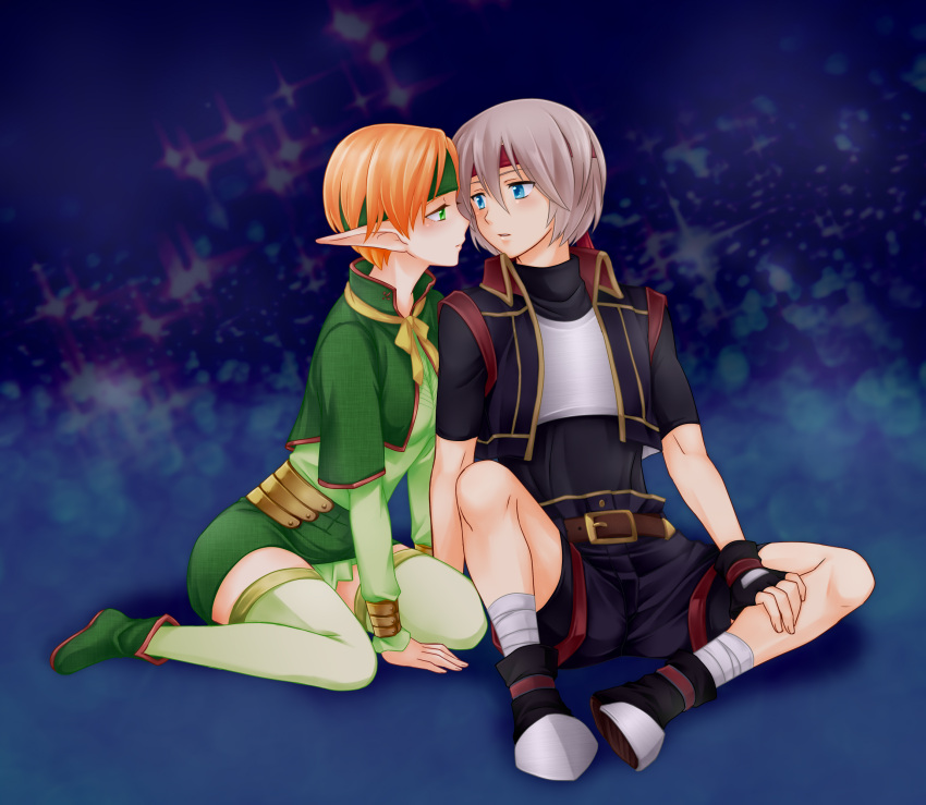 1boy 1girl armor armored_boots black_footwear black_gloves black_shirt blue_eyes blush boots breastplate brown_hair commentary_request couple elf fingerless_gloves gensou_suikoden gensou_suikoden_iv gloves green_capelet green_eyes green_footwear green_legwear green_shirt green_skirt ham_pon hetero highres imminent_kiss lazlo long_sleeves looking_at_another orange_hair paula_(suikoden) pointy_ears shirt short_hair short_sleeves sitting skirt steel-toe_boots thighhighs