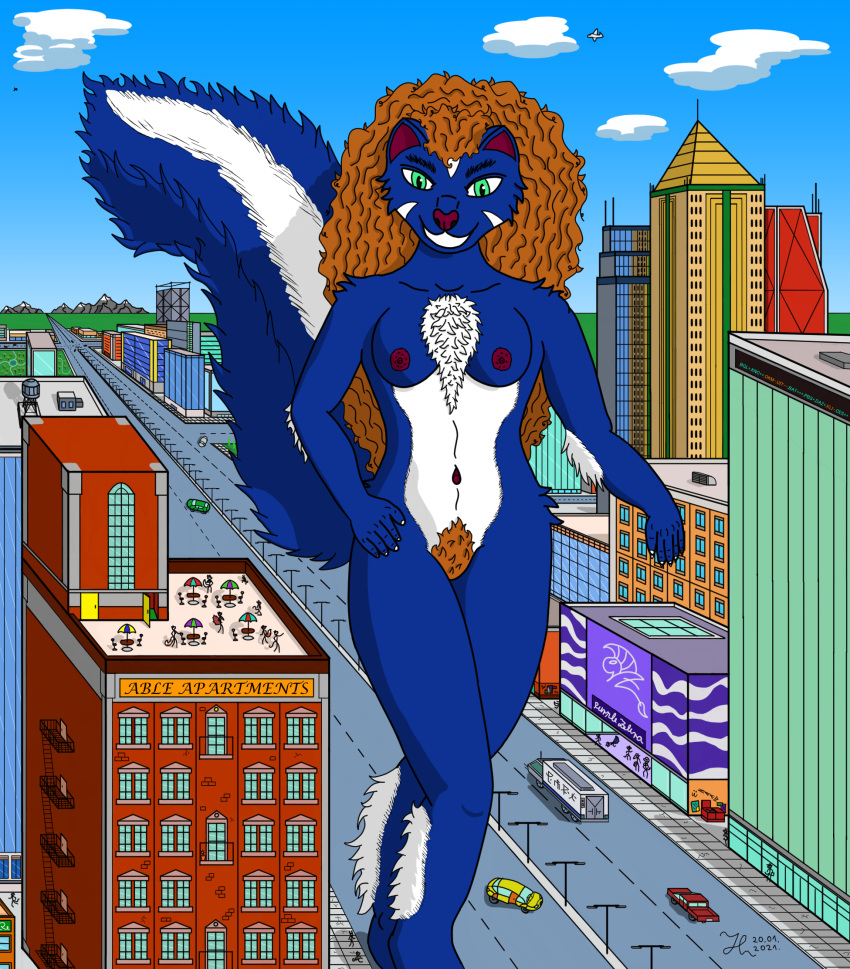 aircraft airplane anthro breasts building car city cloud english_text female fur green_eyes hair haljkljavahlibrz hi_res highway long_hair macro mammal mephitid micro mountain multicolored_body multicolored_fur nipples nude plant pubes road size_difference skunk sky skyscraper solo text tree truck two_tone_body two_tone_fur vehicle