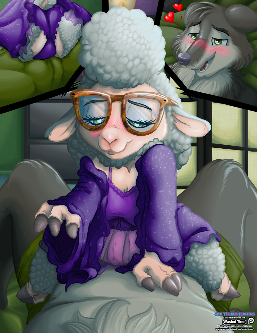 &lt;3 &lt;3_eyes 2020 3_fingers absurd_res anthro blush bottomwear bovid bulge camel_toe canid canine canis caprine clothing dawn_bellwether disney duo english_text eyewear fan_character female fingers fur glasses green_eyes grey_body grey_fur grey_hair grey_nose hair hi_res hooved_fingers interspecies interspecies_pregnancy male male/female mammal negligee pants pregnant robe sheep signature text url vernon_hunter wastedtimeee white_body white_fur white_hair white_wool wolf wool_(fur) zootopia