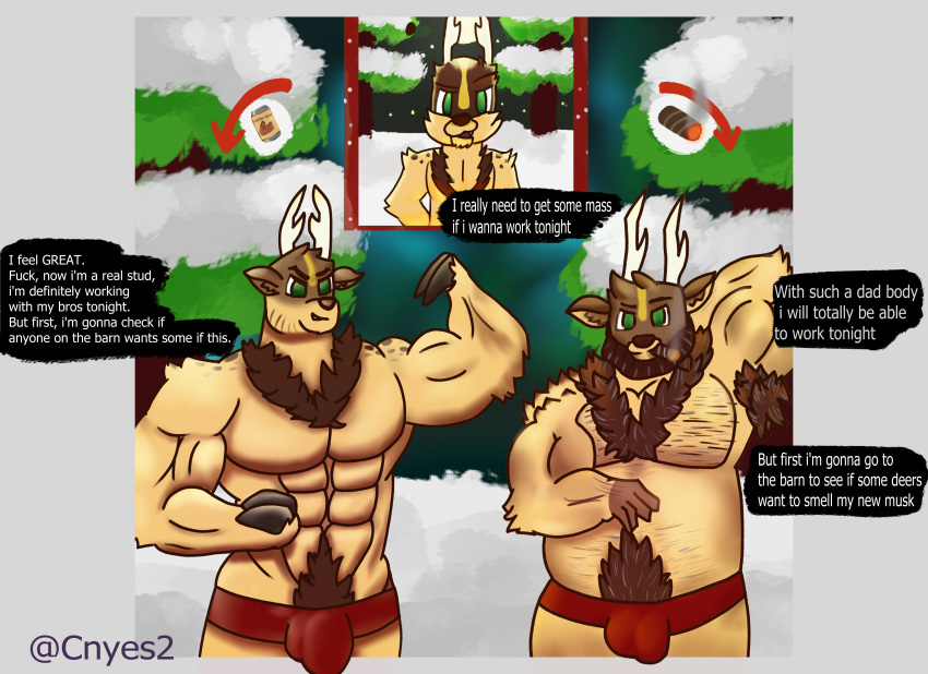 absurd_res age_progression aged_up anthro armpit_hair body_hair bulge capreoline cervid cigar cigar_box cigar_in_mouth cnyes2 dilf_transformation english_text fur green_eyes growth growth_drive hairy hi_res himbo himbofication humanoid implied_transformation male mammal mature_male muscle_growth musclegut muscular muscular_male musk profanity reindeer solo text transformation