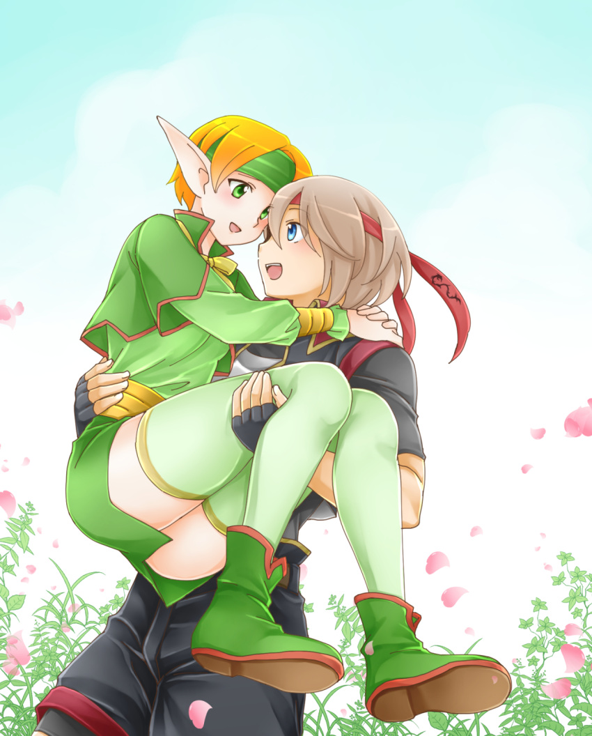1boy 1girl :d black_gloves black_shirt black_shorts blue_eyes blue_sky blush boots brown_hair carrying couple day elf fingerless_gloves gensou_suikoden gensou_suikoden_iv gloves green_capelet green_eyes green_footwear green_headband green_legwear green_shirt green_skirt hair_between_eyes ham_pon headband hetero highres lazlo looking_at_another open_mouth orange_hair outdoors paula_(suikoden) petals pointy_ears red_headband shirt short_hair shorts skirt sky smile thighhighs