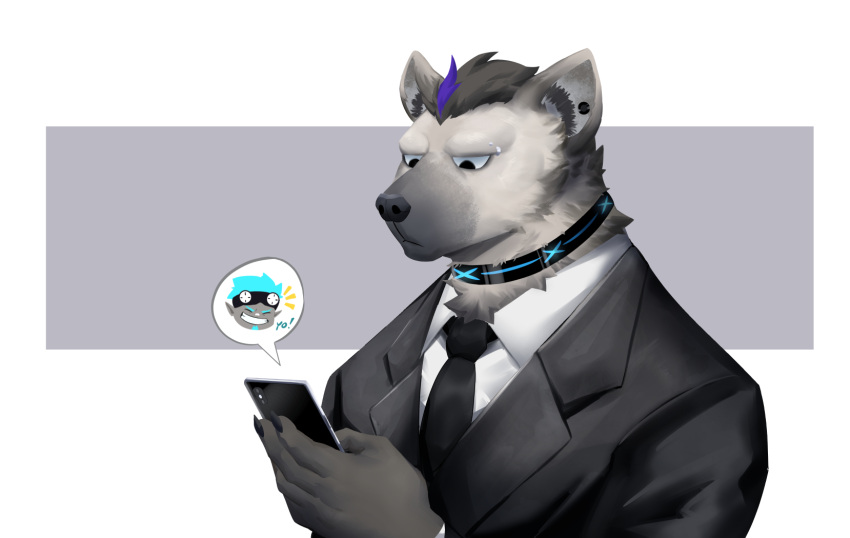 1boy animal_ears arknights black_suit character_request collared_shirt ethan_(arknights) formal frown furry grey_hair highres holding holding_phone jaguar_boy jaguar_ears kou_(ixkouu) male_focus necktie phone shirt short_hair smile solo spot_(arknights) upper_body white_shirt