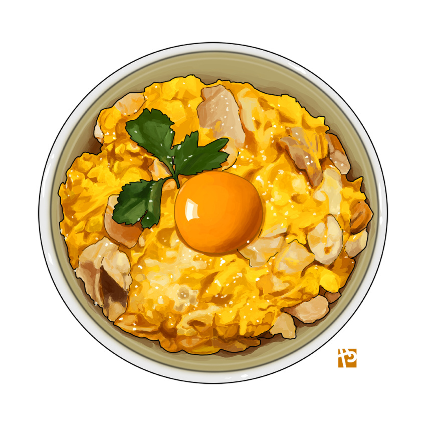 bowl donburi egg egg_yolk food food_focus garnish leaf meat no_humans original simple_background still_life studiolg vegetable white_background