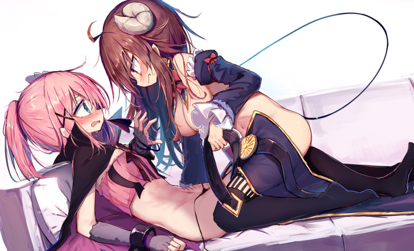 2girls ahoge beize_(garbage) belt blue_eyes blush bow breasts brown_hair cape chiyoda_momo collar couch cross_hair_ornament demon_girl demon_horns demon_tail eye_contact hair_ornament horns kneeling large_breasts long_hair looking_at_another machikado_mazoku multiple_girls navel no_shoes pillow pink_hair ponytail scar scared simple_background sweat tail tail_wrap tears thighhighs thong topless undressing wavy_mouth white_background yellow_eyes yoshida_yuuko_(machikado_mazoku) you_gonna_get_raped yuri