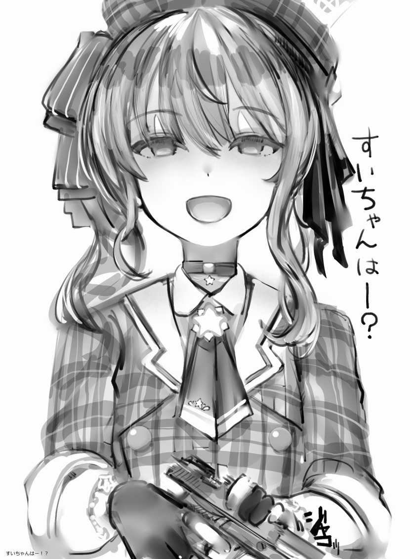 1girl :d bracelet catchphrase checkered_jacket choker double-breasted empty_eyes finger_on_trigger fingernails gloves greyscale gun hair_ribbon half-closed_eyes handgun hat highres holding holding_gun holding_weapon hololive hoshimachi_suisei jewelry looking_at_viewer medium_hair mini_necktie monochrome nanashi_(nlo) one_side_up open_mouth partially_fingerless_gloves pistol ribbon simple_background smile solo upper_body weapon white_background