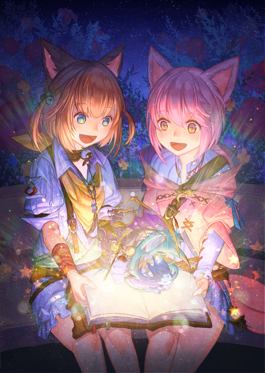 2girls animal_ears bahamut_(final_fantasy) bell blush book bookmark brown_hair cat_ears choker dragon eyebrows_visible_through_hair final_fantasy final_fantasy_xiv flower hair_bell hair_between_eyes hair_ornament highres holding holding_book leviathan_(final_fantasy) light_particles light_rays miqo'te moogle mt_(ringofive) multiple_girls night night_sky open_book open_mouth outdoors pink_eyes pink_hair red_flower shiva_(final_fantasy) sitting sky sleeves_rolled_up smile star_(sky) star_(symbol) starry_sky tongue