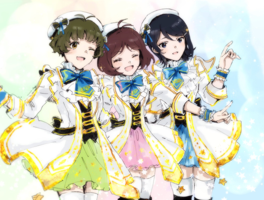 1boy 2girls ^_^ akizuki_ryou antenna_hair arm_around_waist black_hair blue_bow bow brown_hair closed_eyes dress green_hair hair_ornament hairclip hidaka_ai highres idolmaster idolmaster_cinderella_girls idolmaster_dearly_stars jacket mizutani_eri multicolored multicolored_background multiple_girls nekozuka_(duka_nkdk) open_mouth otoko_no_ko outstretched_arm short_hair simple_background white_jacket