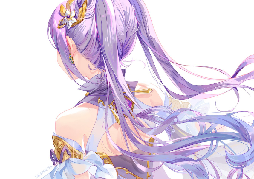 1girl back bare_shoulders blue_hair commentary detached_sleeves double_bun earrings faceless facing_away genshin_impact gradient_hair hair_ornament highres jewelry keqing long_hair lulu_season multicolored_hair purple_hair purple_sleeves sidelocks simple_background solo tagme twintails upper_body wavy_hair white_background