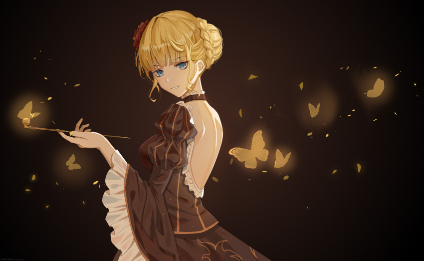 1girl absurdres backless_dress backless_outfit beatrice_(umineko) blonde_hair blue_eyes brown_background brown_dress bug butterfly choker dress flower frilled_choker frilled_sleeves frills hair_flower hair_ornament highres holding holding_pipe insect juliet_sleeves long_sleeves pipe puffy_sleeves red_flower smile solo striped teatix umineko_no_naku_koro_ni vertical_stripes visible_ears wide_sleeves yellow_butterfly