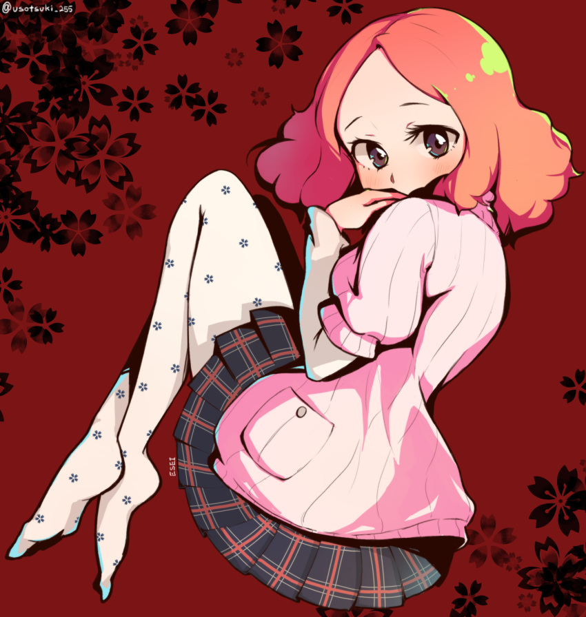 1girl blush brown_eyes commentary_request esei floral_print highres long_sleeves looking_back no_shoes okumura_haru orange_hair pantyhose persona persona_5 pink_sweater plaid plaid_skirt pleated_skirt print_legwear ribbed_sweater short_over_long_sleeves short_sleeves shuujin_academy_uniform skirt solo sweater twitter_username white_legwear