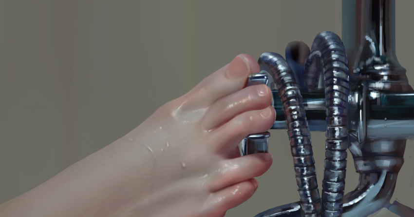 1girl absurdres barefoot chinese_commentary close-up commentary_request faucet feet feet_only foot_focus grey_background highres original out_of_frame photorealistic photoshop_(medium) qizhu realistic revision simple_background solo toenails toes wet