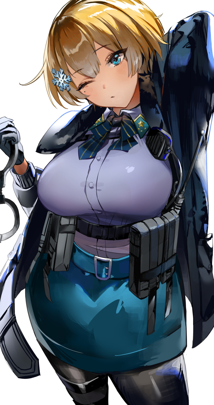 1girl absurdres arm_behind_head belt black_legwear blonde_hair blue_belt blue_eyes breasts button_gap collared_shirt cuffs eyebrows_visible_through_hair girls_frontline gloves hair_between_eyes hair_ornament handcuffs highres jacket large_breasts long_sleeves moko_(moko/moko) mole mole_under_eye one_eye_closed pantyhose shirt shirt_tucked_in short_hair skirt snowflake_hair_ornament solo taut_clothes taut_skirt thigh_pouch vsk-94_(girls_frontline)