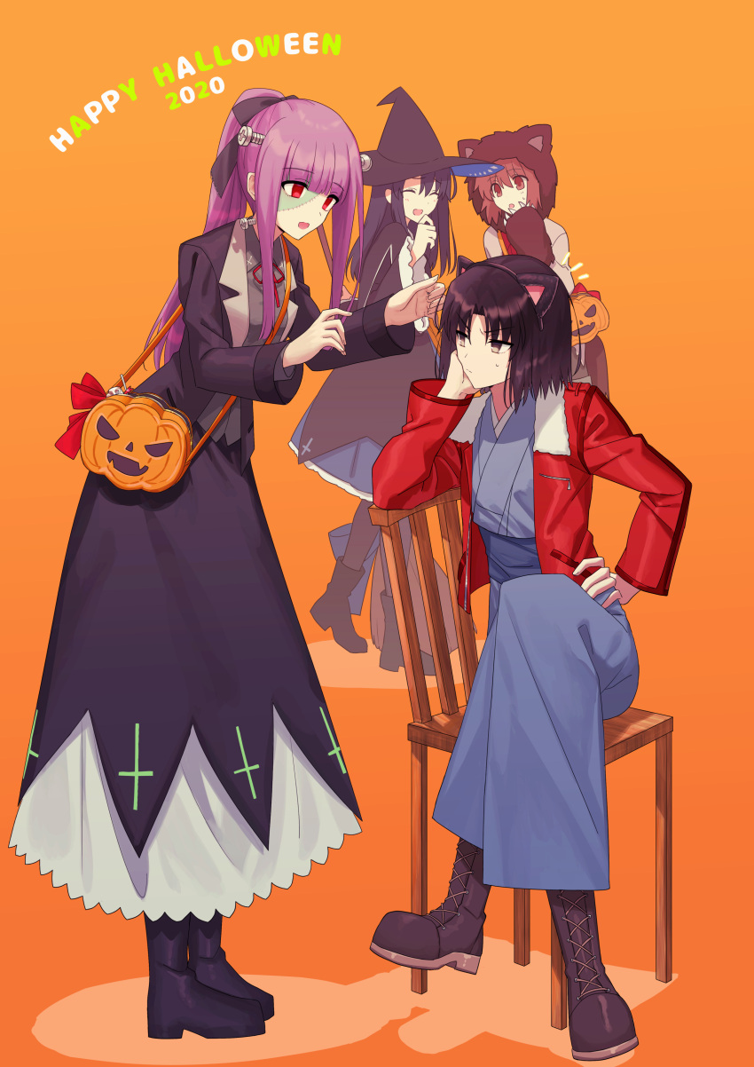 4girls absurdres animal_ears asagami_fujino black_hair boots brown_eyes cat_ears chair cosplay costume dress frankenstein's_monster frankenstein's_monster_(cosplay) hair_up halloween hat highres jack-o'-lantern jacket japanese_clothes kara_no_kyoukai kimono kokutou_azaka long_hair multiple_girls okakasushi patchwork_skin ponytail purple_hair red_eyes red_jacket ryougi_shiki seo_shizune sitting stitches witch_hat yukata