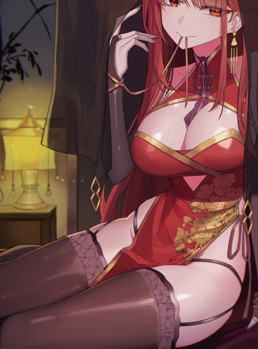 1girl absurdres bangs black_legwear black_panties breasts bridal_gauntlets china_dress chinese_clothes cleavage curtains dress earrings garter_straps highres jewelry lamp large_breasts long_hair looking_at_viewer mouth_hold original orn panties pelvic_curtain red_dress red_eyes red_hair sitting solo tassel thighhighs underwear
