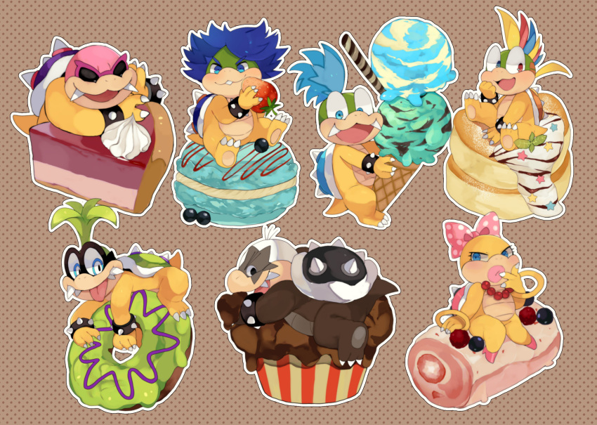 accessory anthro blue_hair bracelet cake candy chocolate cookie cupcake dessert doughnut eyewear food fruit green_hair group hair hair_accessory hair_bow hair_ribbon hi_res ice_cream iggy_koopa jewelry koopa koopaling larry_koopa lemmy_koopa ludwig_von_koopa macaron_(food) male mario_bros morton_koopa_jr. multicolored_hair nintendo plant ribbons roll_cake roy_koopa scalie spiked_bracelet spikes sprinkles strawberry sunglasses video_games wendy_o._koopa zeso