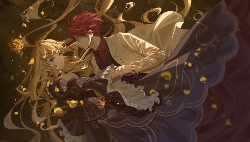 1boy 1girl absurdres aqua_eyes beatrice_(umineko) beige_jacket black_neckwear blonde_hair blue_eyes bubble collared_shirt dress expressionless eyebrows_visible_through_hair frilled_sleeves frills hair_spread_out highres holding_another's_arm jacket juliet_sleeves long_hair long_sleeves necktie open_clothes open_jacket puffy_sleeves red_hair red_shirt shirt spoilers suit_jacket teatix umineko_no_naku_koro_ni ushiromiya_battler visible_ears wide_sleeves