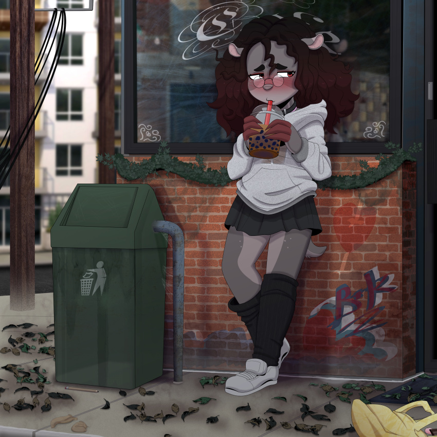 1:1 2021 absurd_res anthro blush clothing drinking eyewear female glasses gothbunnyboy hi_res ketzio11 leaf mammal outside red_eyes solo standing trash_can window young